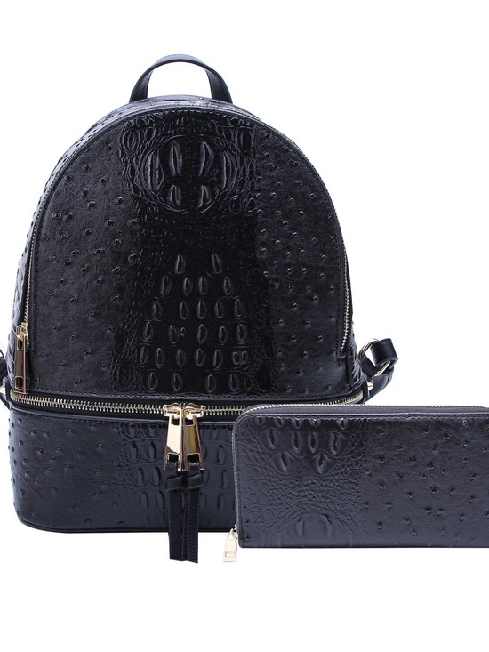 Handbags - Black Faux-Ostrich Leather Backpack with Matching Wallet